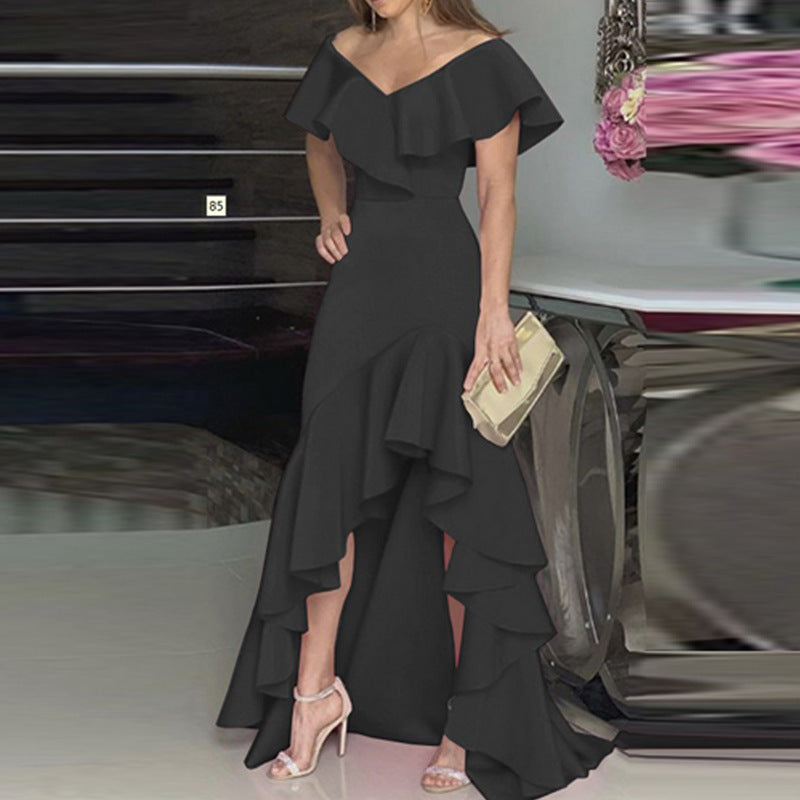 Temperament Ladies V-Neck Ruffle Elegant Dress - Novalito