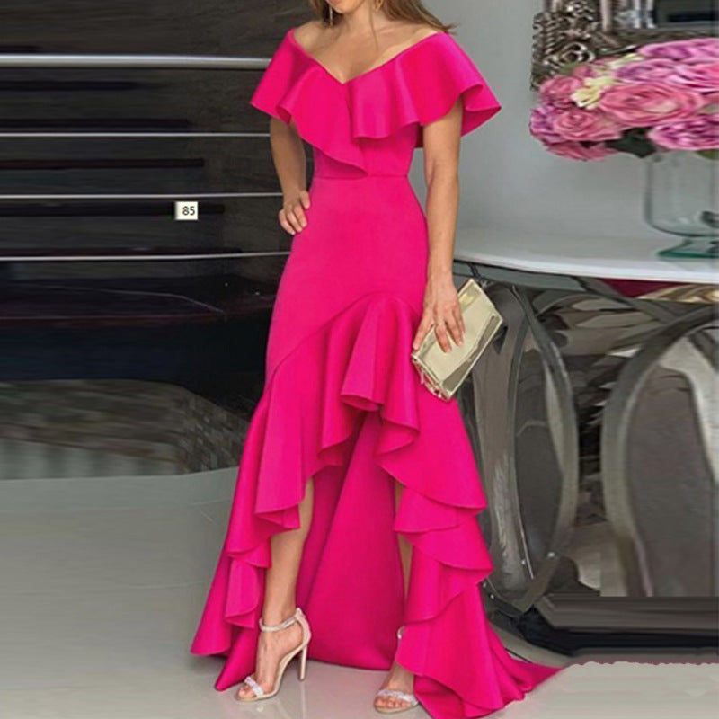Temperament Ladies V-Neck Ruffle Elegant Dress - Novalito