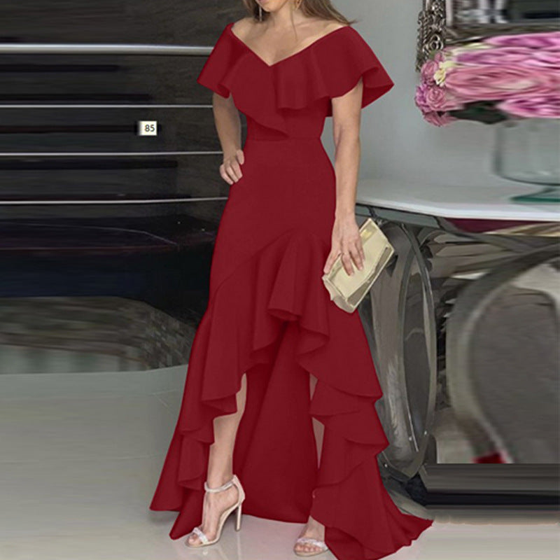 Temperament Ladies V-Neck Ruffle Elegant Dress - Novalito