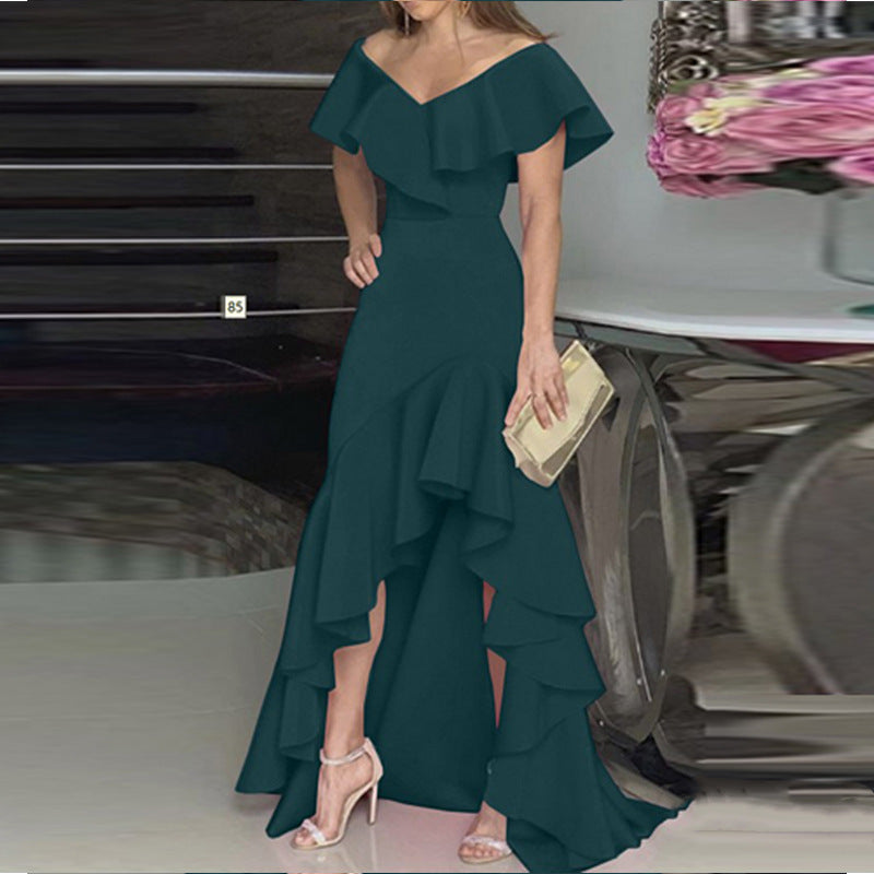 Temperament Ladies V-Neck Ruffle Elegant Dress - Novalito