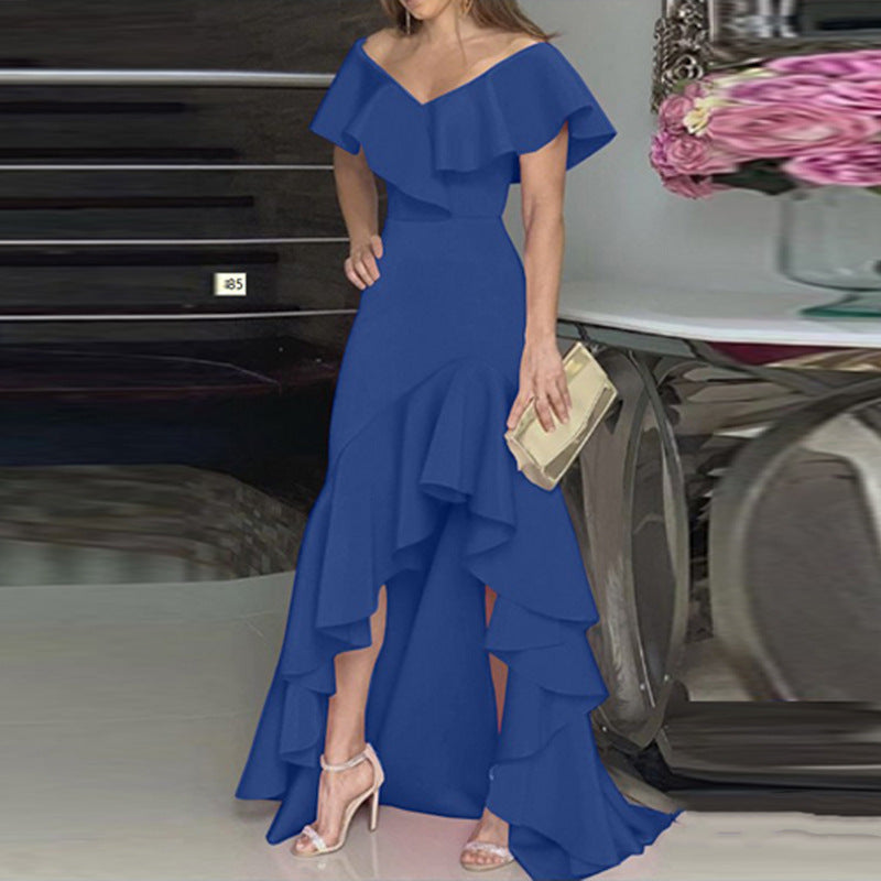 Temperament Ladies V-Neck Ruffle Elegant Dress - Novalito
