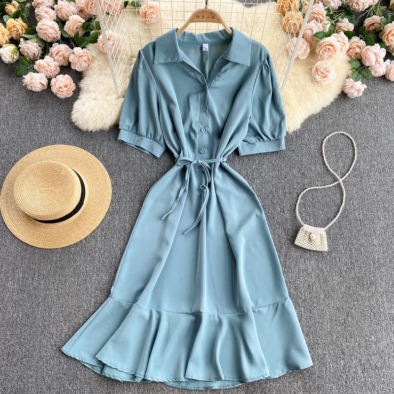 Shirt Collar Ruffle Midi Sumer Dress Summer - Novalito