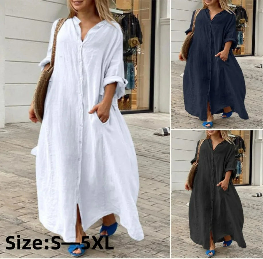 Cotton Linen Long Sleeve Oversize Shirt Dress - Novalito