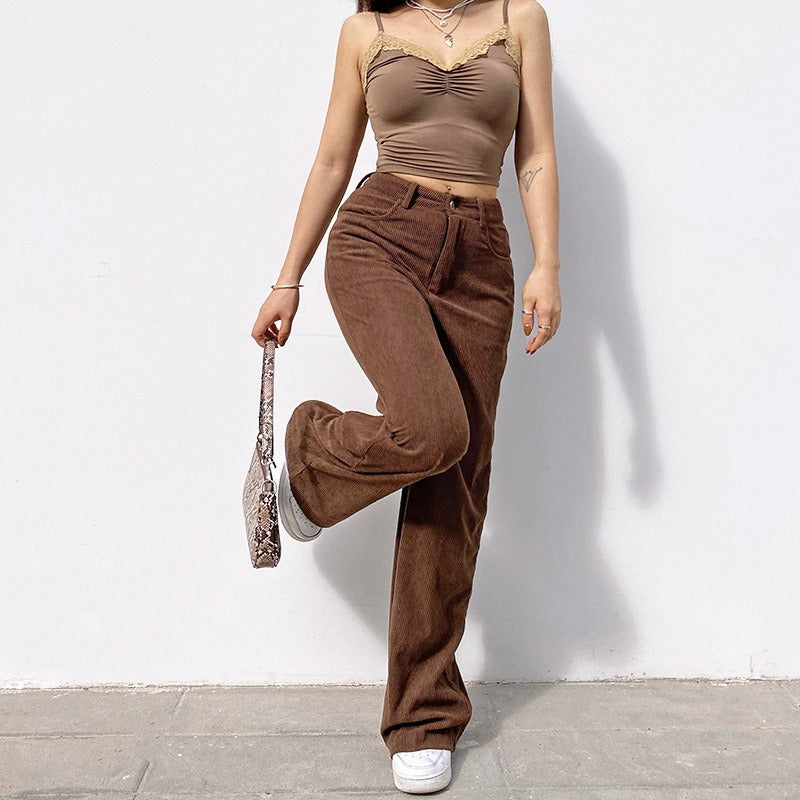 Retro Solid Corduroy High Waist Wide Pants - Novalito