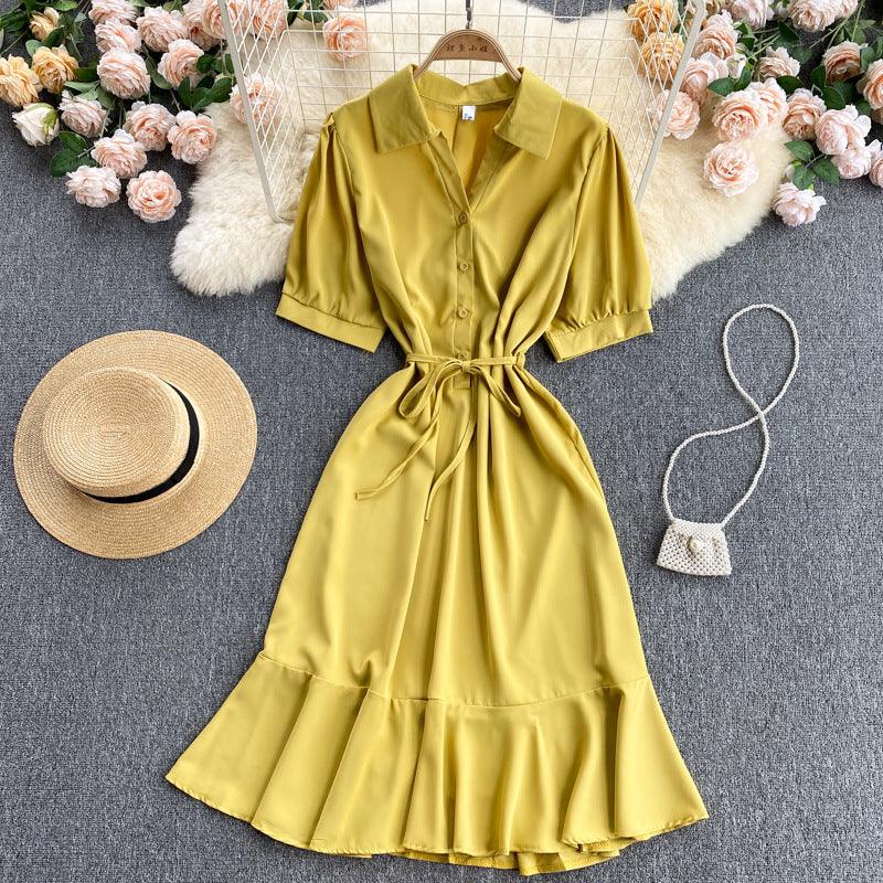 Shirt Collar Ruffle Midi Sumer Dress Summer - Novalito