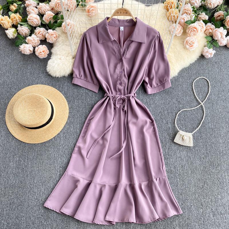 Shirt Collar Ruffle Midi Sumer Dress Summer - Novalito