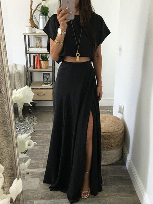 Casual T-Shirt And Slit Skirt Set - Novalito