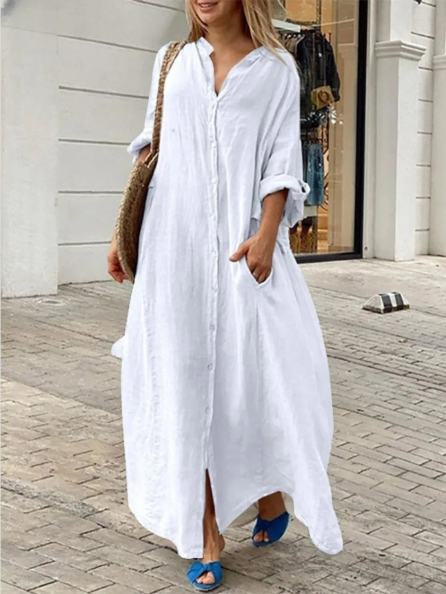 Cotton Linen Long Sleeve Oversize Shirt Dress - Novalito