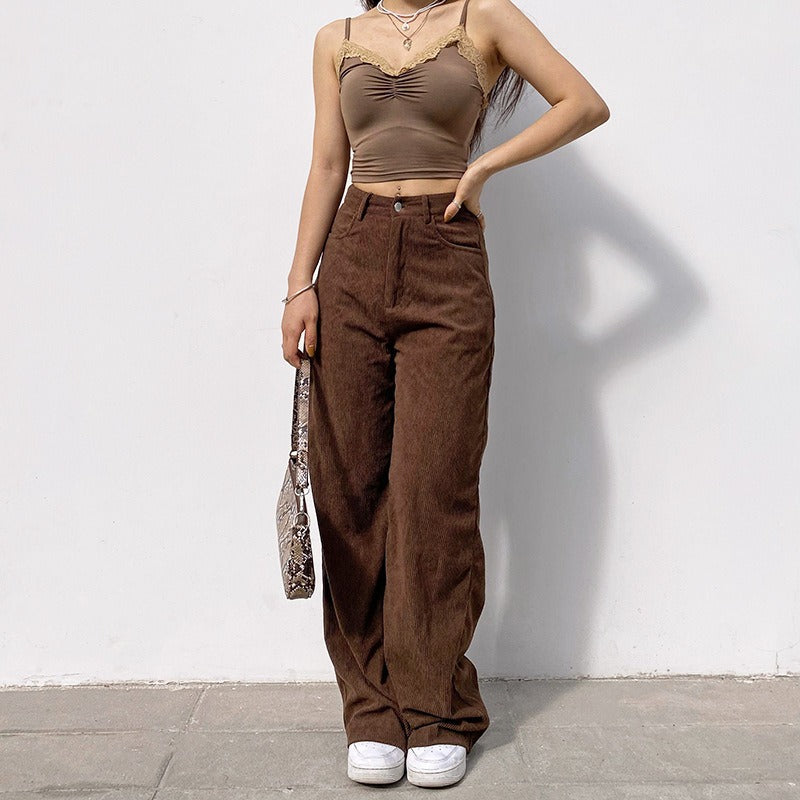 Retro Solid Corduroy High Waist Wide Pants - Novalito