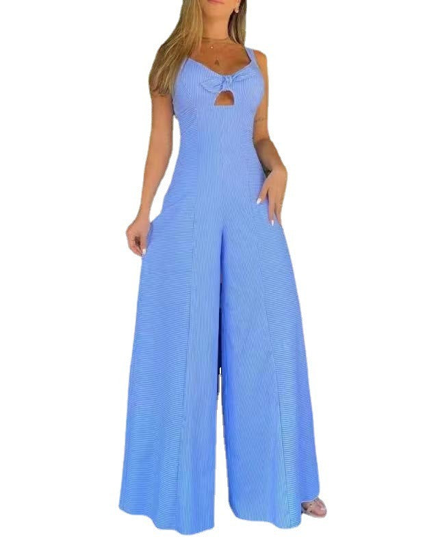 Sleeveless solid color casual loose striped wide leg jumpsuit - Novalito