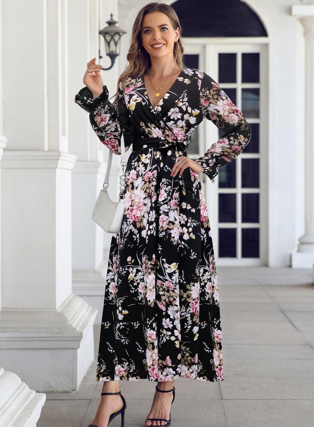 Floral V-neck long sleeved dress - Novalito