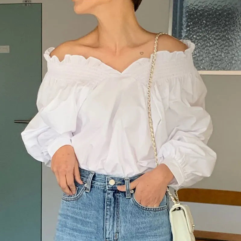 Long Sleeved Off Shoulder Lantern Blouse - Novalito