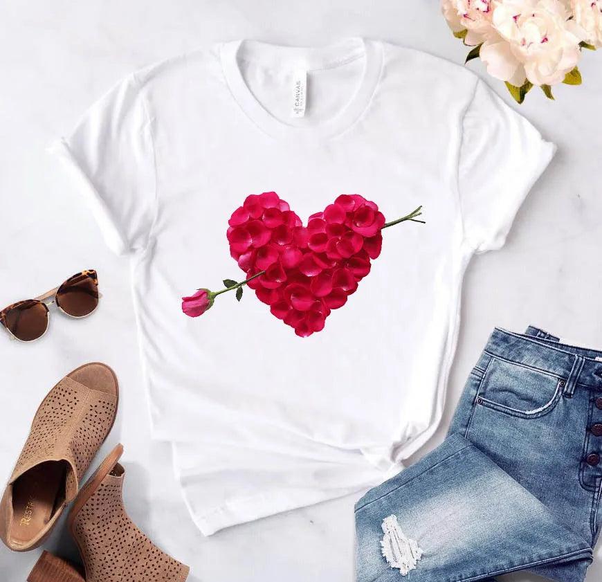 Heart flower print ladies casual short sleeve T-shirt - Novalito