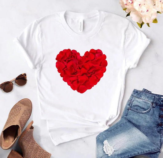 Heart flower print ladies casual short sleeve T-shirt - Novalito